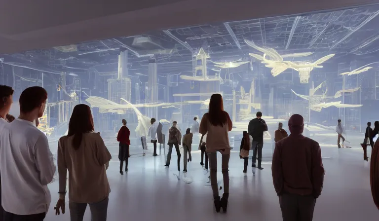 Image similar to crowd of people in simple white museum, looking at hologram of futuristic city on a table, cinematic concept art, godrays, golden hour, natural sunlight, 4 k, clear details, tabletop model buildings, center model buildings, hologram center, crane shot, crane shot, crane shot