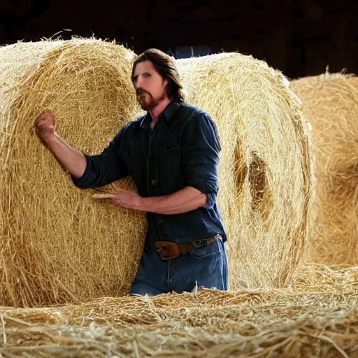 Image similar to Film still of Christian Bale, bailing hay, in new movie called the Hay Bailer