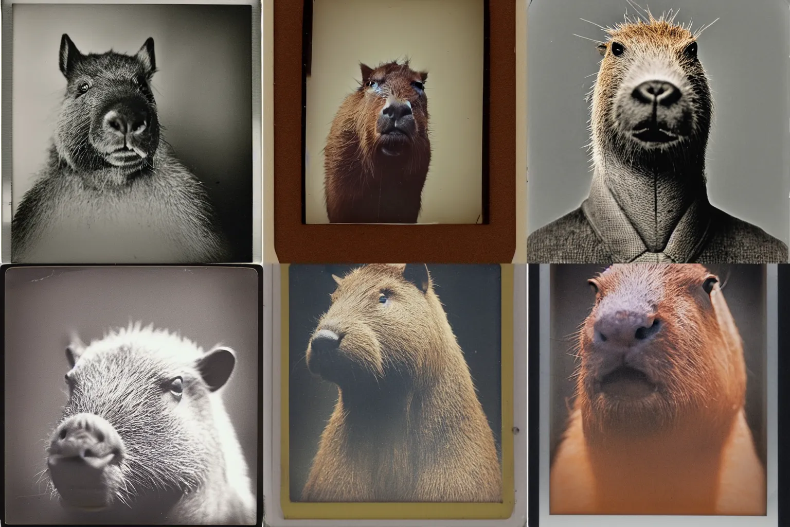 Prompt: portrait polaroid of a capybara wearing a coat