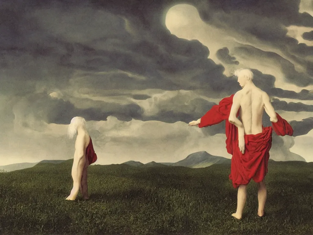 Prompt: albino mystic, with his back turned, looking at a storm over over the mountains in the distance, with strange hallucination, optical illusion. Painting by Jan van Eyck, Audubon, Rene Magritte, Agnes Pelton, Max Ernst, Walton Ford