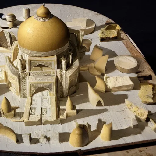 Prompt: cheese a reconstruction of the cheese taj mahal made ot of different cheeses, cheese