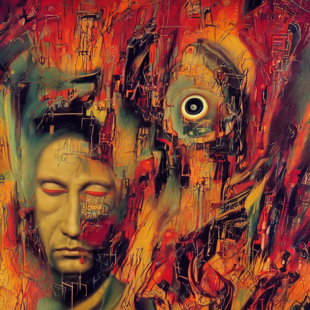 Image similar to 8 0 s art deco close up portait of an insnae man with spiral eyes, rain like a dream oil painting curvalinear clothing cinematic dramatic cyberpunk textural fluid lines otherworldly vaporwave interesting details fantasy lut epic composition by basquiat zdzisław beksinski james jean artgerm rutkowski moebius francis bacon gustav klimt