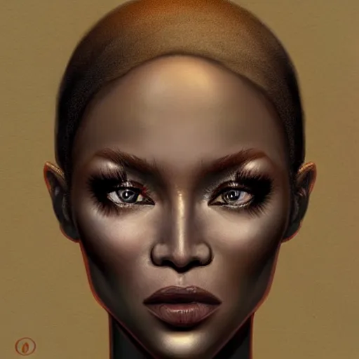 Image similar to beautiful, very strong, naomi campbell, middle aged, face, no makeup, no tattoos, warrior, battle hardened, head shot, fantasy, highly detailed, digital painting, artstation, concept art, sharp focus, illustration, art by jodie muir and brom