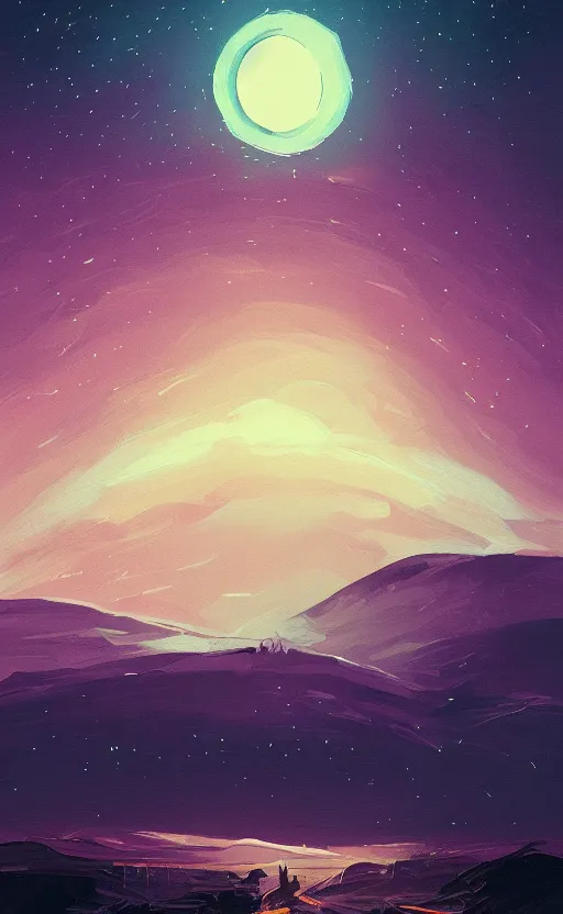 Image similar to a beautiful illustration of mars at night, art of alena aenami, featured on artstation, vertical orientation, paint brush strokes, expressionism, brushstroke - laden, breathtaking clouds, birds, ocean, beautiful stars, long exposure, big moon radius, airy midnight theme, blue purple gradient, lens flare