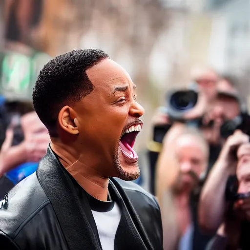 Image similar to will smith screaming at chris rock, canon eos r 3, f / 1. 4, iso 2 0 0, 1 / 1 6 0 s, 8 k, raw, unedited, symmetrical balance, wide angle