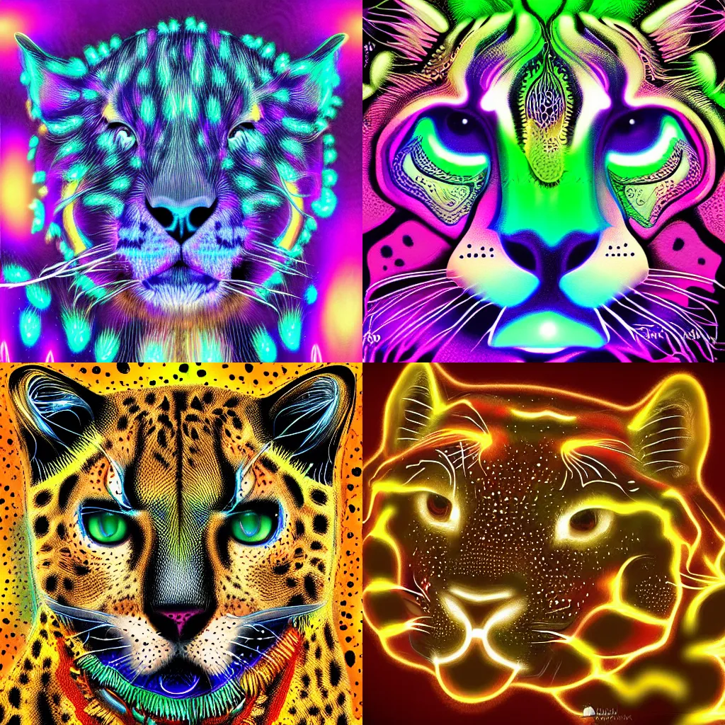 Prompt: fractal cheetah with luminescent glowing spots detailed digital painting
