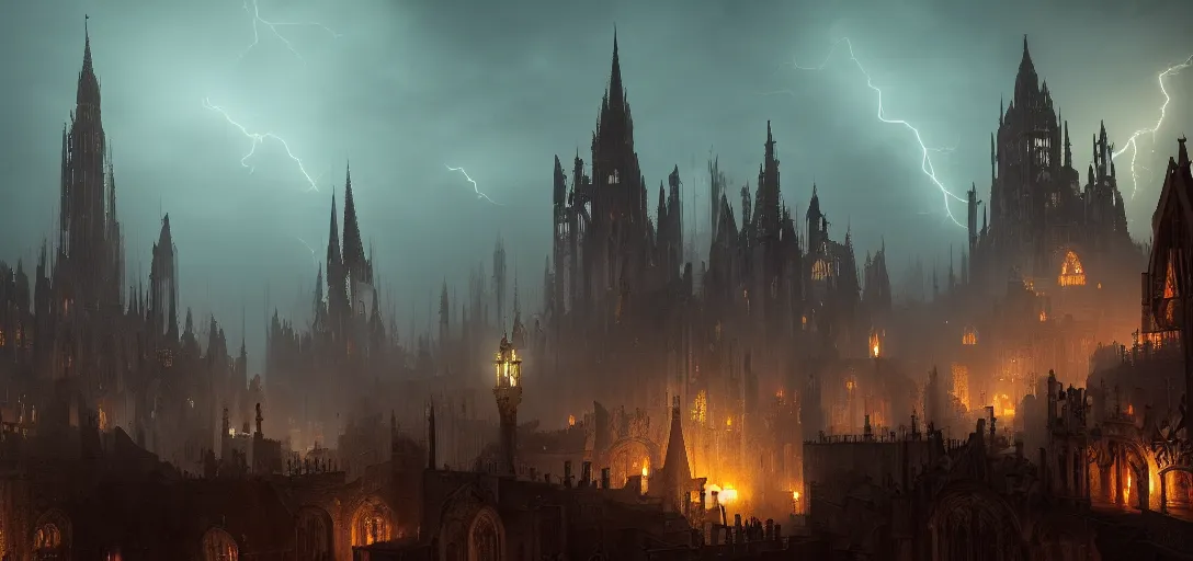 Image similar to view of an abandoned gothic city at night, lightning, glowing fog, castles, cinematic lighting, ultra detailed, sharp, ambient occlusion, raytracing, by greg rutowski, paul chadeisson and jessica rossier