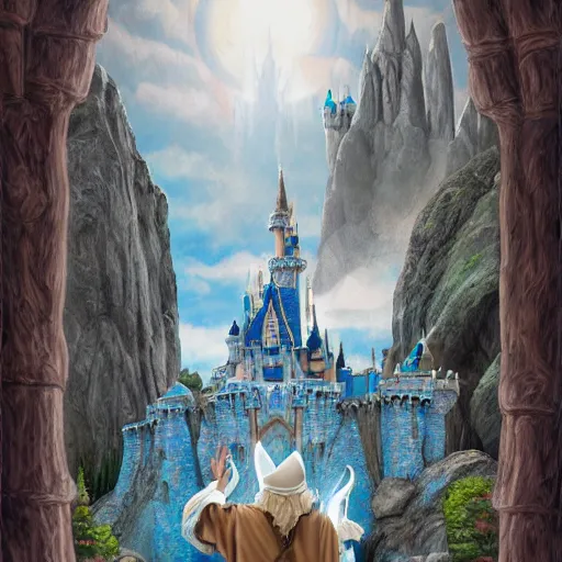 Image similar to gandalf visiting disneyland, highly detailed, digital art,