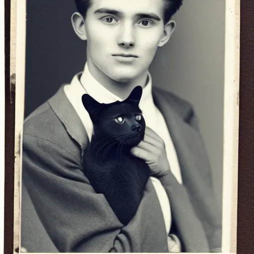 Image similar to a photo of a young man with a cat sitting on top of his head