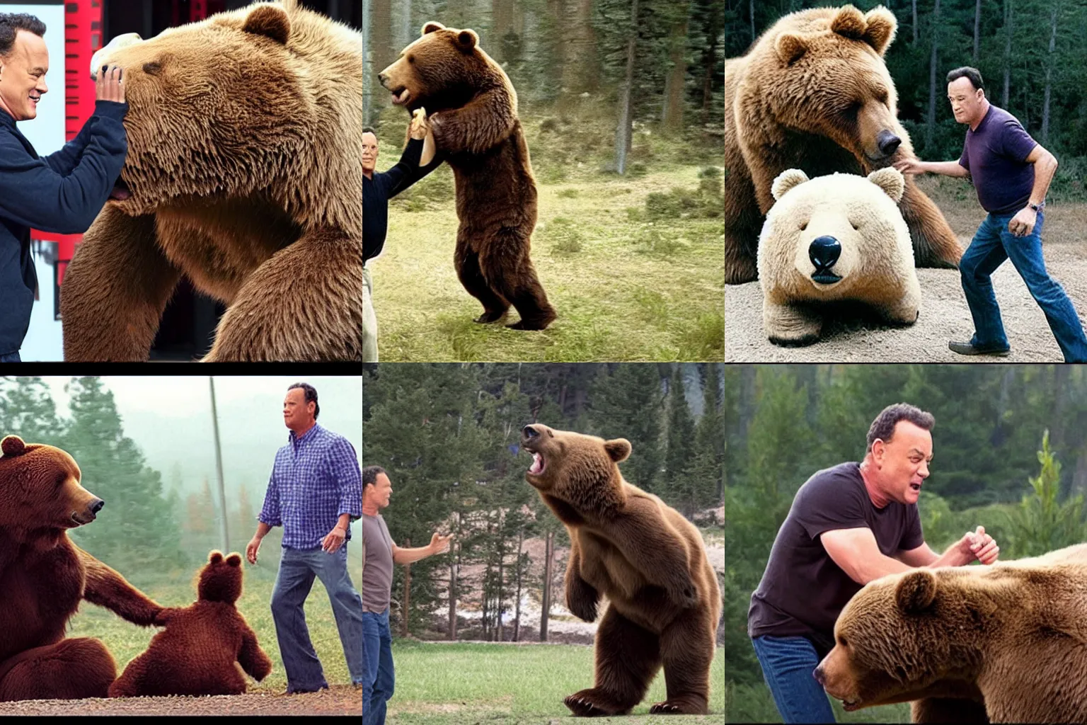 Prompt: photo of Tom Hanks fighting a giant bear
