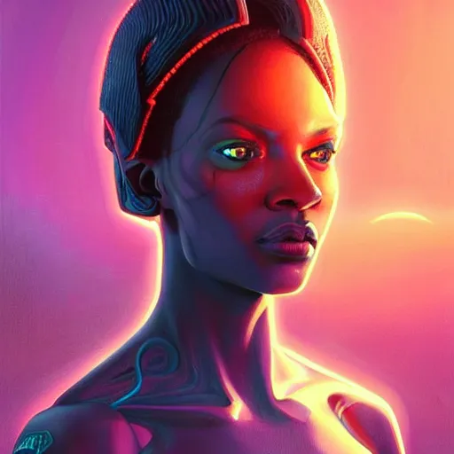 Image similar to african neon necromancer, science fiction, highly detailed, digital painting, beautiful eyes, symmetry, concept art, sharp focus, illustration, global illumination, radiant light, synthwave colors, detailed and intricate environment, art by artgerm and greg rutkowski and magali villeneuve and ilya kuvshinov!