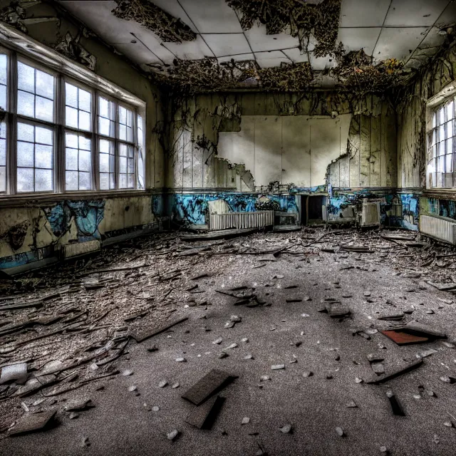Prompt: in an abandoned ruined school, highly detailed, 8 k, hdr, smooth, sharp focus, high resolution, award - winning photo