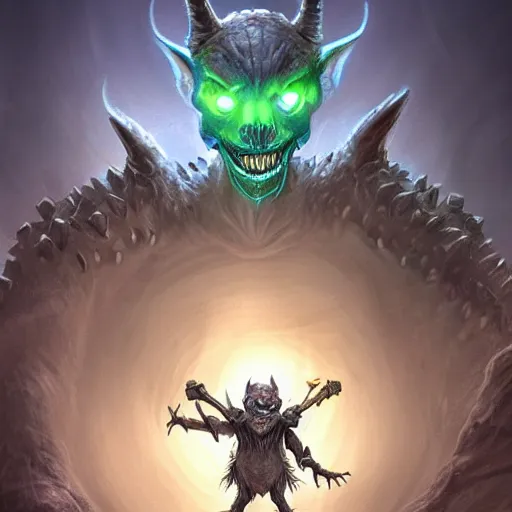 Image similar to a highly detailed goblin with grey skin and blue eyes that glow, in a dust storm, like magic the gathering, goblin chainwalker,, digital art, by christopher rush