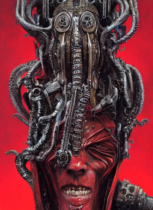 Image similar to portrait of rotten Nicolas Cage as adeptus mechanicus in red hood and robe from Warhammer 40000, mechanical tentacles. Highly detailed, artstation, illustration by and John Blanche and zdislav beksinski and wayne barlowe