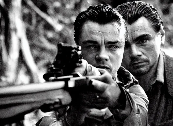 Image similar to an action scene from the movie scarface, medium long shot, filmed in the dark woods, a cabin in the background, leonardo dicaprio and daniel day - lewis, sharp eyes, serious expressions, detailed and symmetric faces, black and white, cinematic, epic,