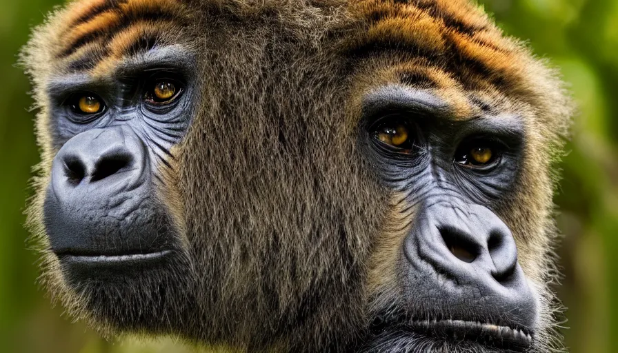 Image similar to a tiger gorilla!!! hybrid! hyper realistic!! realistic lighting!! wildlife photographer of the year!!! bold natural colors, national geographic, hd, wide angle, 8 k