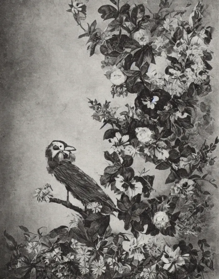 Prompt: a clown, birds, flowers. baroque elements. Vintage 1800s photograph.