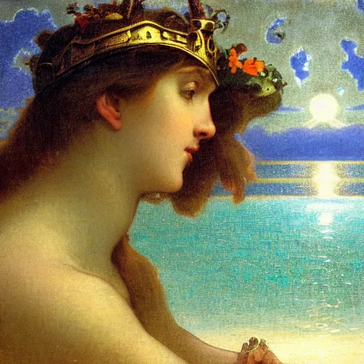 Prompt: Close up of the girl's chalice, refracted sparkles, thunderstorm, greek pool, beach and Tropical vegetation on the background major arcana sky, by paul delaroche, alphonse mucha and arnold böcklin, hyperrealistic 8k, award-winning, very very very detailed