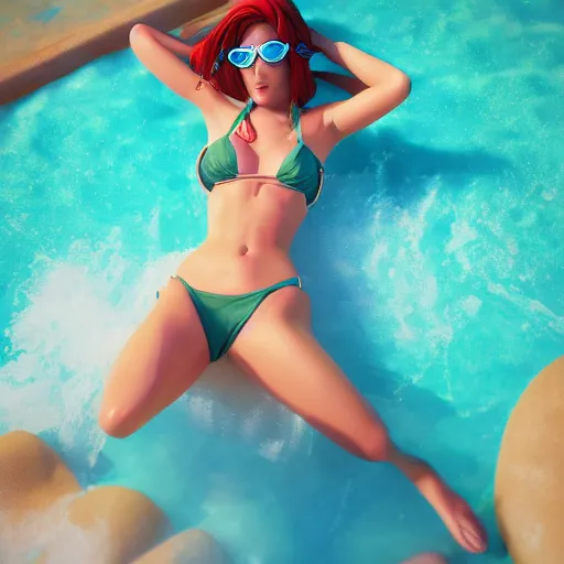 Image similar to beautiful render of pool party Caitlyn (league of legends) laying down in hawaii beach, 3d, octane render, realistic, highly detailed, trending on artstation