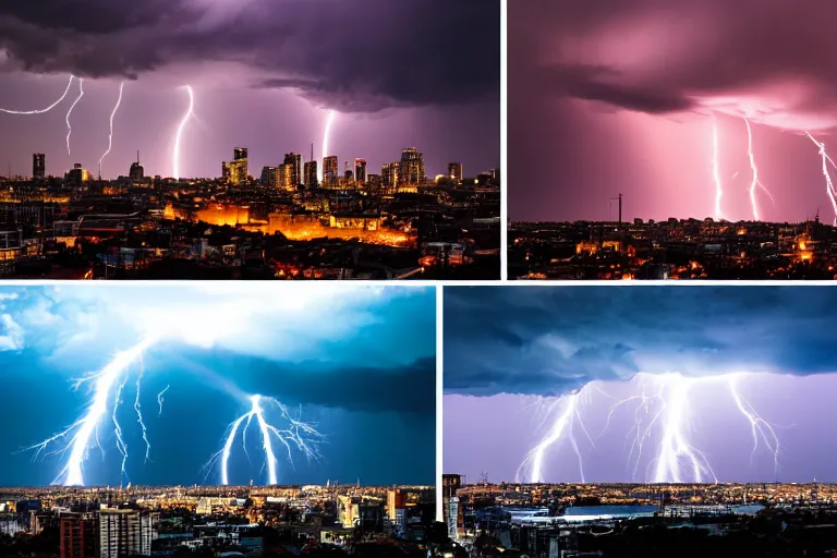 Prompt: a photo of a supercell thunderstorm in a city, cityscape, illuminated from various angles by the setting sun, cinematic, dynamic lightning, lightning bolts, mystic hue clouds