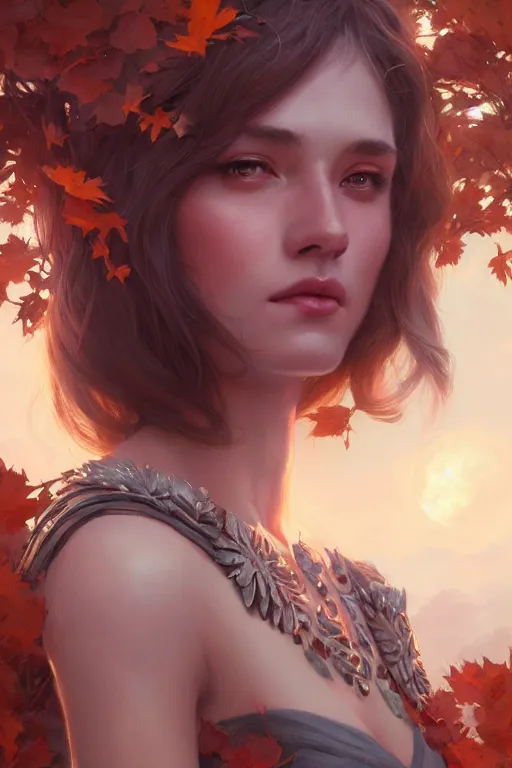 Image similar to goddess of the autumn twilight, highly detailed, digital painting, artstation, concept art, smooth, sharp focus, elegant, illustration, unreal engine 5, 8 k, art by artgerm and greg rutkowski and edgar maxence