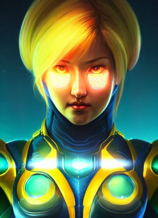 Image similar to portrait of zero suit samus aran, intricate, elegant, glowing lights, highly detailed, digital painting, artstation, concept art, smooth, sharp focus, illustration, art by wlop, mars ravelo and greg rutkowski