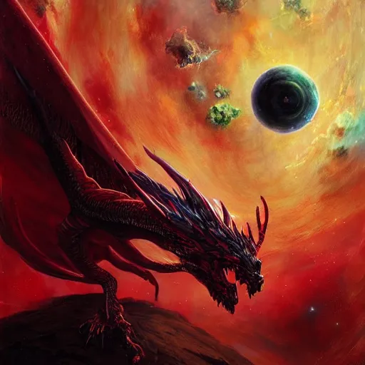 Image similar to crystalline red dragon devouring a planet, space, planets, moons, sun system, nebula, oil painting, by Fernanda Suarez and and Edgar Maxence and greg rutkowski