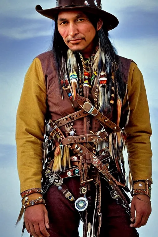 Image similar to thin native American Indian man in his early 30s, wearing cargo buckskin jacket buckskin tactical toolbelt pockets bandolier full of trinket and baubles, steampunk arcane shaman, deadlands, weird west