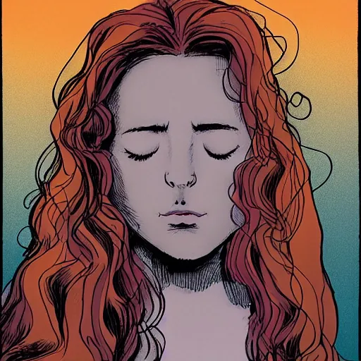 Image similar to Performance art. A beautiful illustration of a young girl with long flowing hair, looking up at the stars. She appears to be dreaming or lost in thought. by Brian K. Vaughan