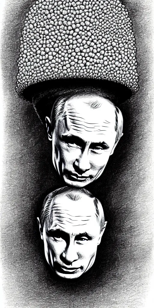 Image similar to vladimir putin wearing a nuclear mushroom cloud blast for a hat, cartoonish, ultra detailed pencil drawing