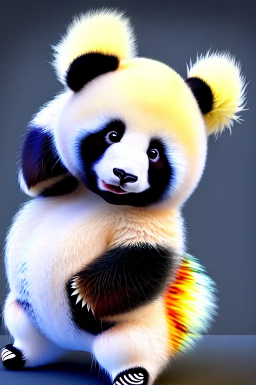 Image similar to high quality 3 d render hyperrealist very cute multicolor stripped fluffy! panda phoenix hybrid with wings!!!, highly detailed, vray smooth, in the style of detective pikachu, hannah yata charlie immer, dramatic blue light, low angle, uhd 8 k, sharp focus