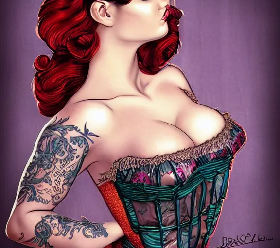 Image similar to sensual damsel in distress pin - up, deep focus, intricate, beautiful, highly detailed, digital art, medium shot, bust, tight fit