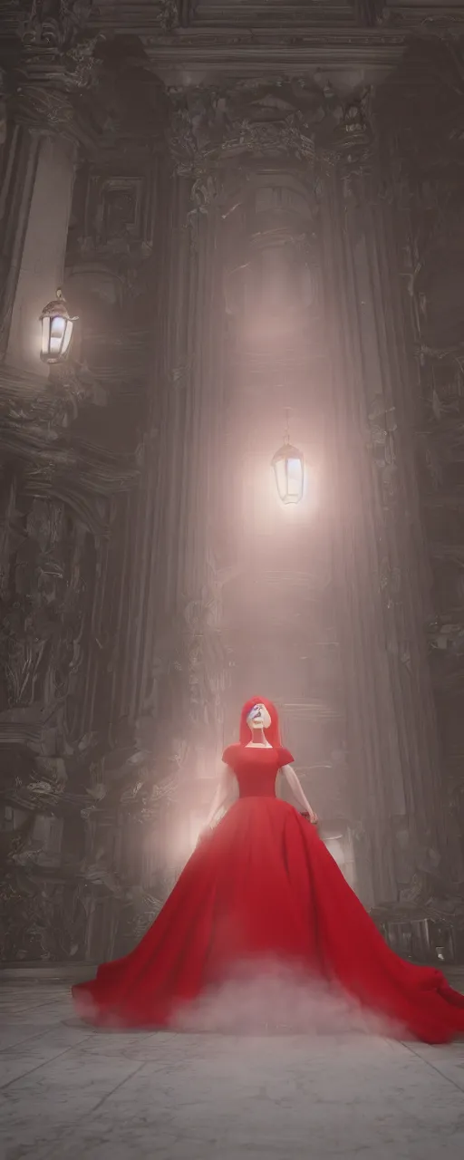 Image similar to woman with red hair and white gown stands in the middle of the castle room emitting a red light. Octane Render, Unreal engine, Realism, Detailed, 8k, V-Ray