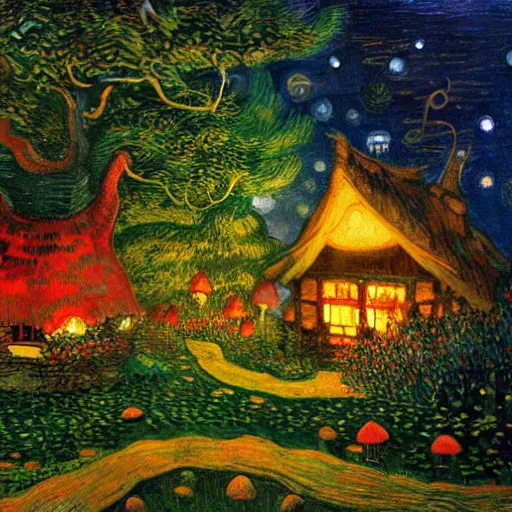 Prompt: mysterious detailed painting of a fairytale cottage in the woods at night, surrounded by giant glowing mushrooms, in the style of studio ghibli and moebius and claude monet and edward hopper and vincent van gogh