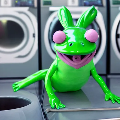 Image similar to plastic toy frog in a bunny suit cleaning up the laundromat, pastel colors