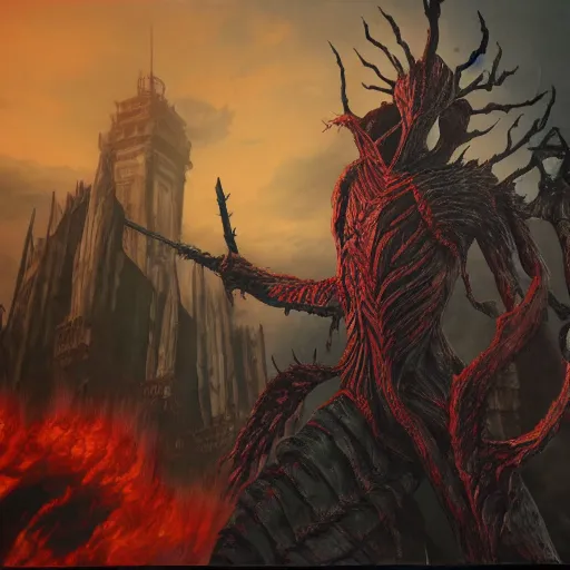 Prompt: Colossal Titan, Bloodborne boss, matte painting, detailed, Bloodborne, oil on canvas