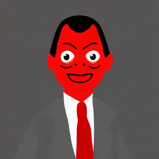 Prompt: red on white background ms paint doodle of group portrait of mr bean grey goblin looking funny looking smug - w 7 6 8