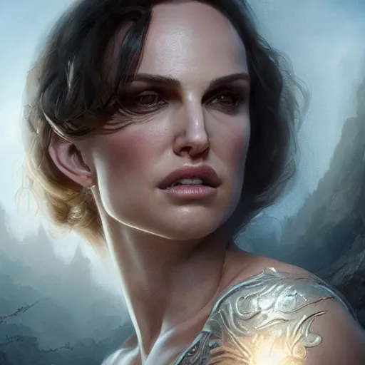 Prompt: portrait of muscular natalie portman, fantasy, intricate, elegant, highly detailed, digital painting, artstation, concept art, matte, sharp focus, illustration, octane render, unreal engine, art by aenaluck and roberto ferri and greg rutkowski, epic fantasy, digital painting