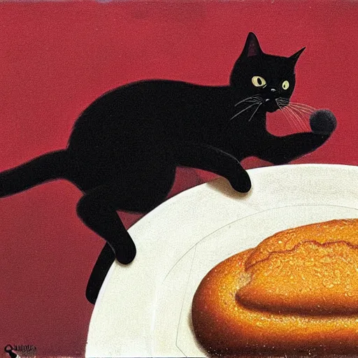 Prompt: black cat licking bread on a table, by Quint Buchholz