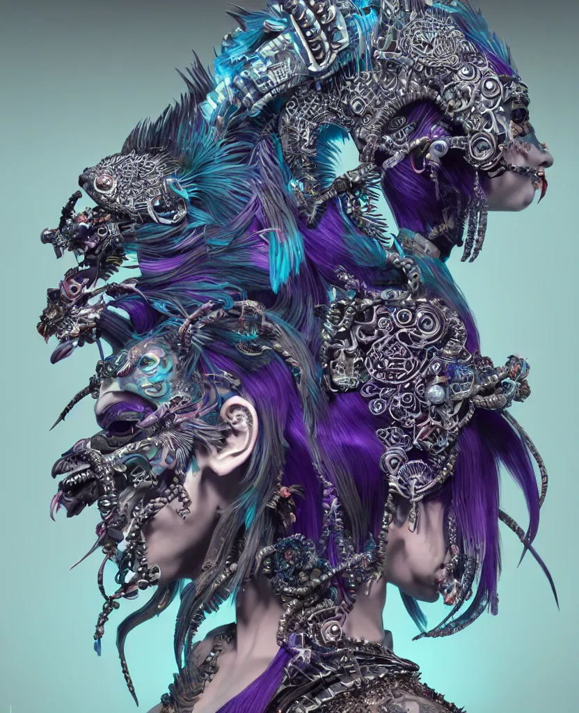 Image similar to 3 d goddess close - up profile portrait punk with mohawk with ram skull. beautiful intricately detailed japanese crow kitsune mask and clasical japanese kimono. betta fish, jellyfish phoenix, bio luminescent, plasma, ice, water, wind, creature, artwork by tooth wu and wlop and beeple and greg rutkowski