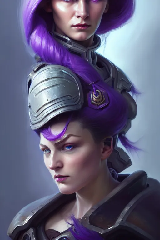 Image similar to alexey gurylev, close up portrait, pale woman in power armor with purple hair, mysterious, deep focus, d & d, fantasy, complex, elegant, highly detailed, digital painting, artstation, concept art, matte, clear focus, illustration, hearthstone, artgerm art, greg rutkovsky and alphonse mucha