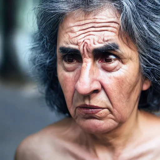 Prompt: astonished and angry middle aged lady looking at smartphone, unsure expression, uncombed hair, greek ethnicity, persian face structure, straight grey hair, angry eyes, photo, realistic, outdoor lighting, 4 k, 8 k, hd, 3 9 mm lens