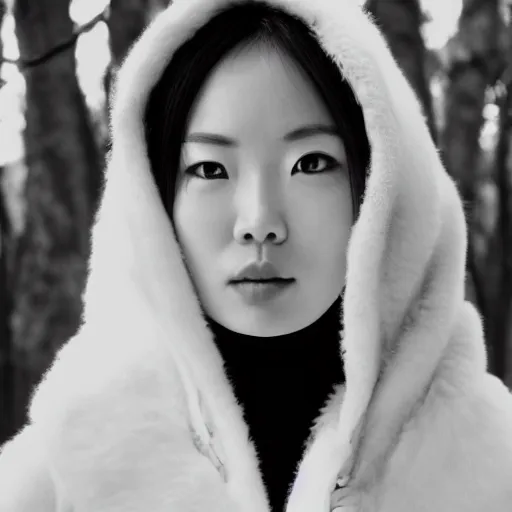 Image similar to black and white photo full shot of beautiful Japanese women with perfect eyes and simetrical face, standing in the forrest, shot by Akira Kurosawa perfect cinematic light, 8k, highl details, sharp focus