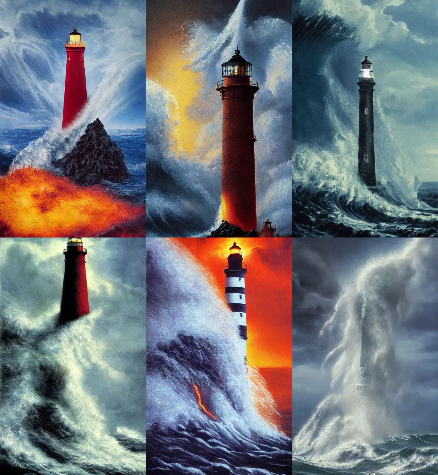 Prompt: movie poster, huge waves crashing over a lighthouse, john martin, painting, sharp, lord of the rings, sauron, volcanic rock, iceland, crazy, impossible, lightning, explosion, fire, boat crash, ship wreck, scary