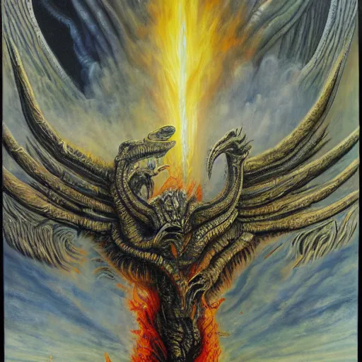 Prompt: painting by h. r. giger, phoenix rising from the ashes, energetic composition, cloudy, hellfire, brimstone, highly detailed painting, 4 k, extreme rage, wrath