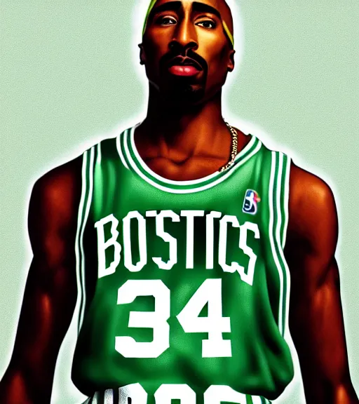 Image similar to portrait of tupac shakur, boston celtics jersey number 3 4, green, white, cartoon digital art, oil on canvas, trending on artstation, octane render