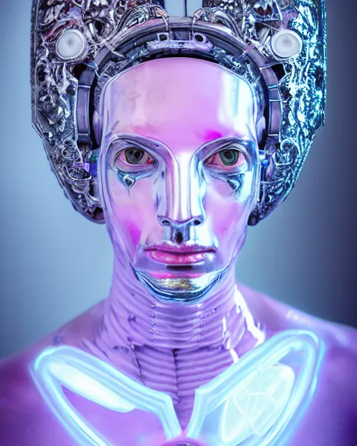 Image similar to natural light, soft focus portrait of a male android with soft synthetic pink skin, blue bioluminescent plastics, smooth shiny metal, elaborate ornate head piece, piercings, venetian mask, skin textures, by annie liebovotz,