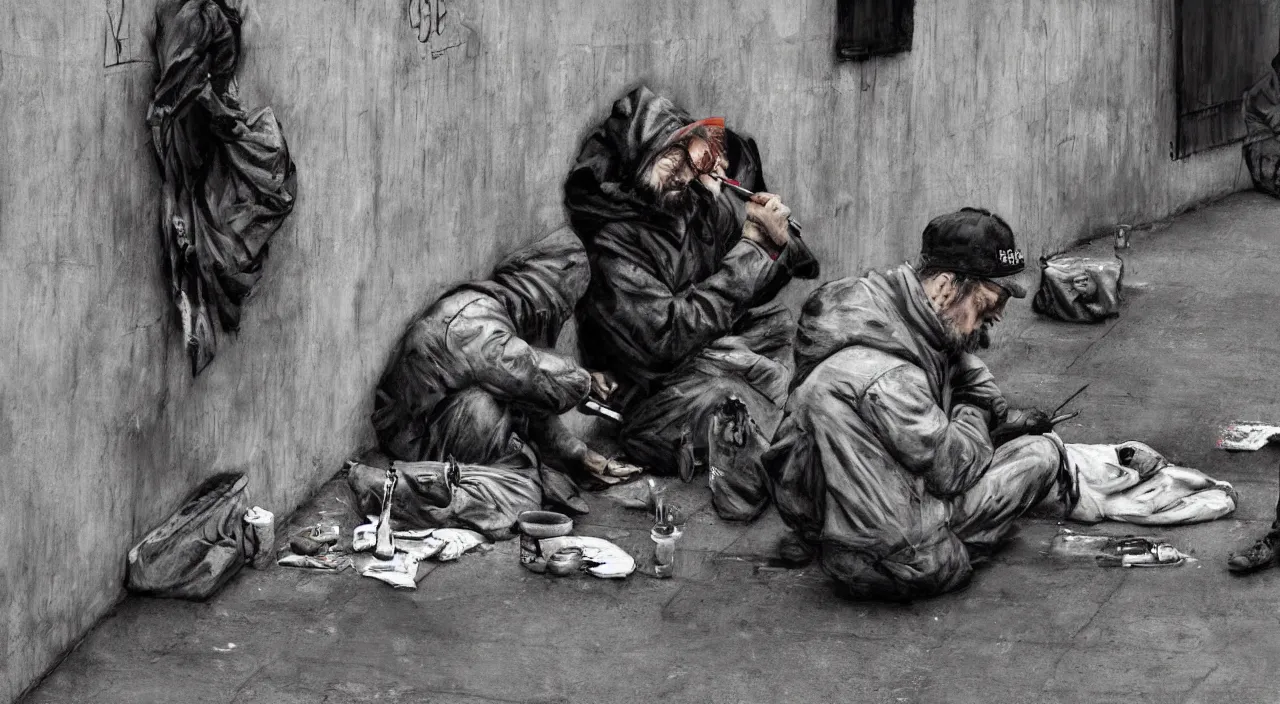 Prompt: Bansky graffiti art of an artist painting a self portrait of themselves painting next to a homeless man, ultra high resolution, photo realistic, depth of field, award winning, cinematic, color graded