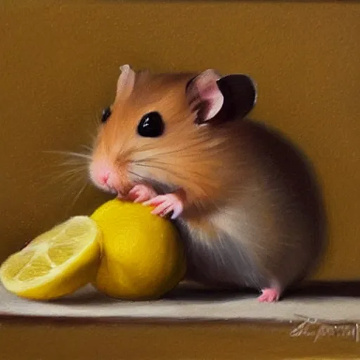 Image similar to a oil painting of a cute little hamster eating lemon