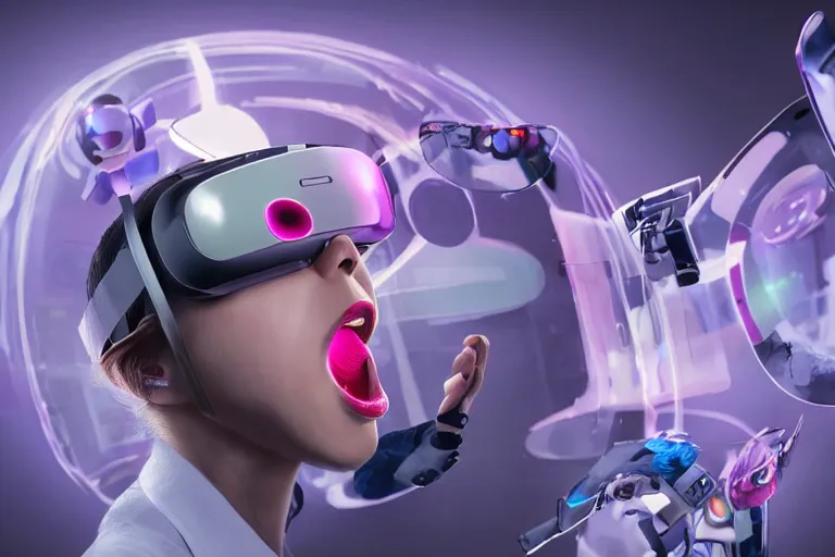 Image similar to a woman with a vr headset has a pill on her tongue and is hallucinating by keiichi koike, trending on cgsociety, retrofuturism, reimagined by industrial light and magic, darksynth, sci - fi